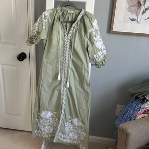 Women’s Olive Green Embroidered Maxi Dress with Tassel